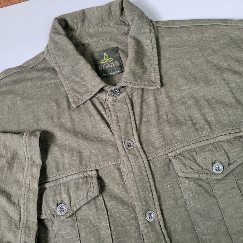 Prana Mens M Medium Short Sleeve Button Up Olive Drab Green Brushed Cotton Shirt